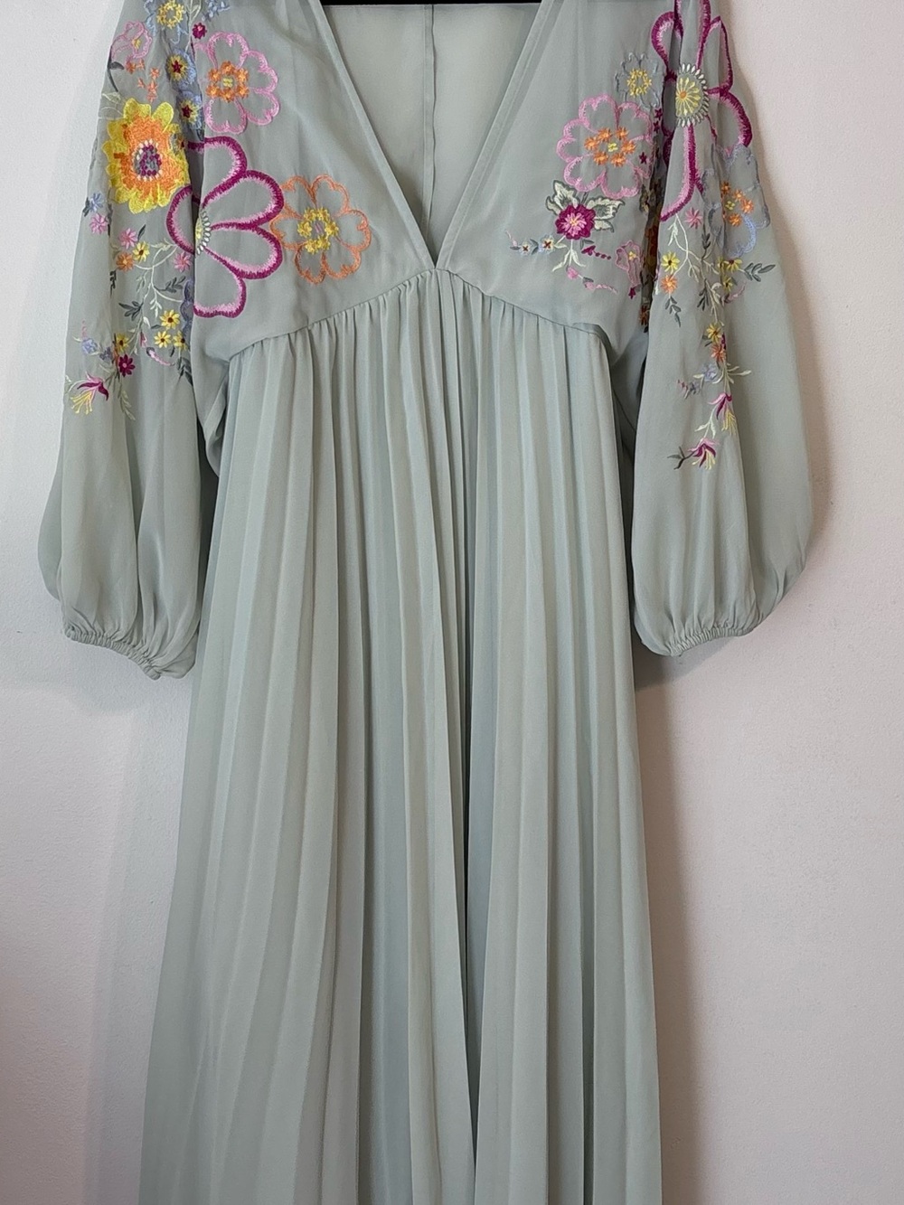 ASOS Sage Green Floral Embroidered Chiffon Maxi Dress Boho US 8